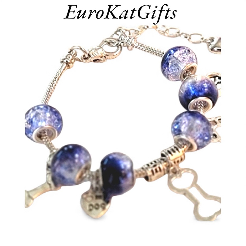 Hand Crafted Silver Pet Dog Bone Charm Bracelet Blue MED 7.25” wit1.75” extender
